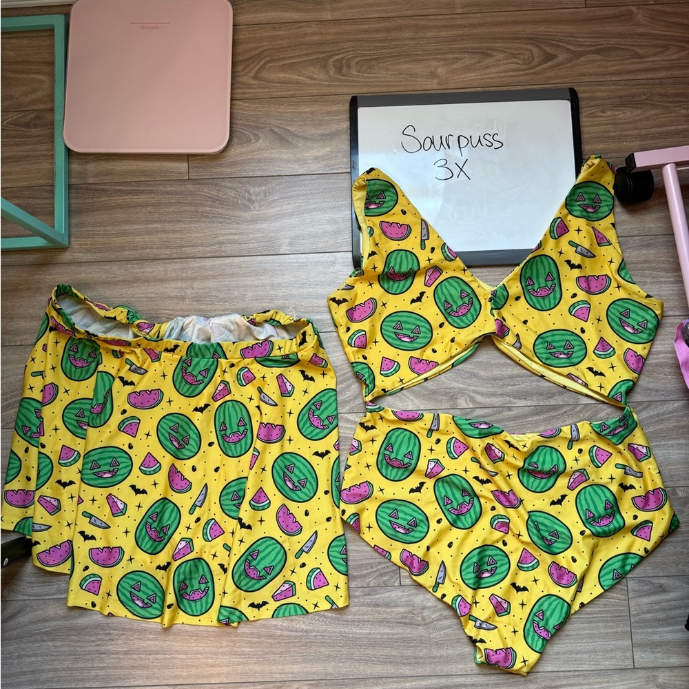 Sourpuss watermelon jack-o’-lantern spooky swim set 3X SummerWeen